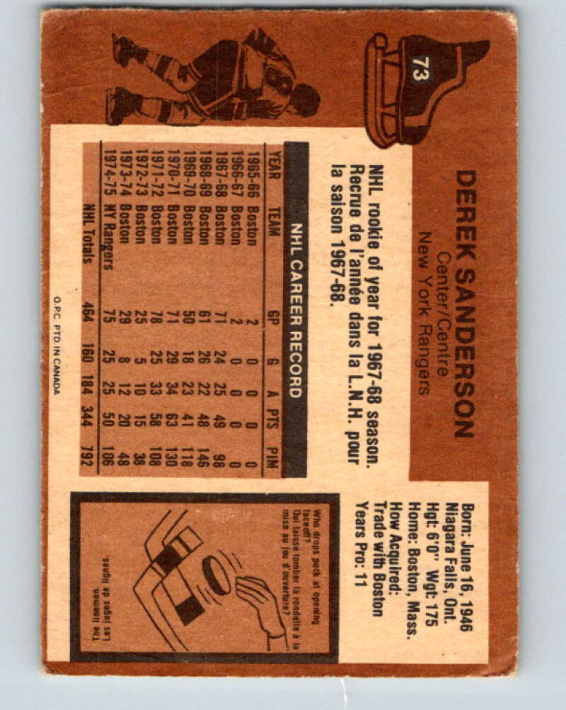 1975-76 O-Pee-Chee #73 Derek Sanderson New York Rangers V5494