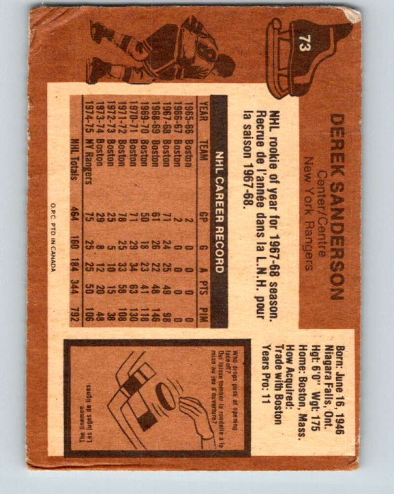 1975-76 O-Pee-Chee #73 Derek Sanderson New York Rangers V5495