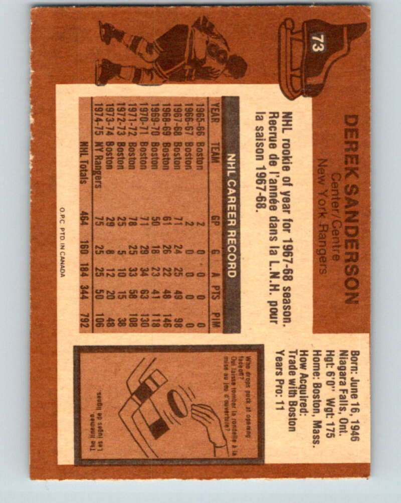 1975-76 O-Pee-Chee #73 Derek Sanderson New York Rangers V5496