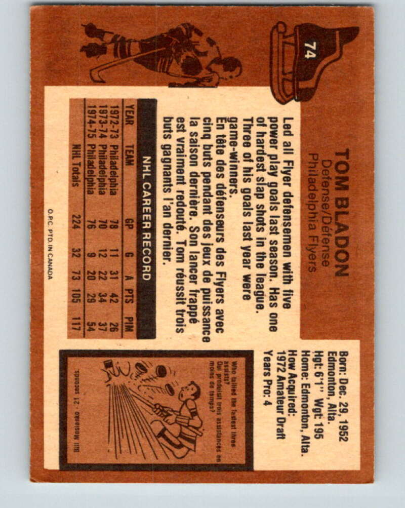 1975-76 O-Pee-Chee #74 Tom Bladon Philadelphia Flyers V5498