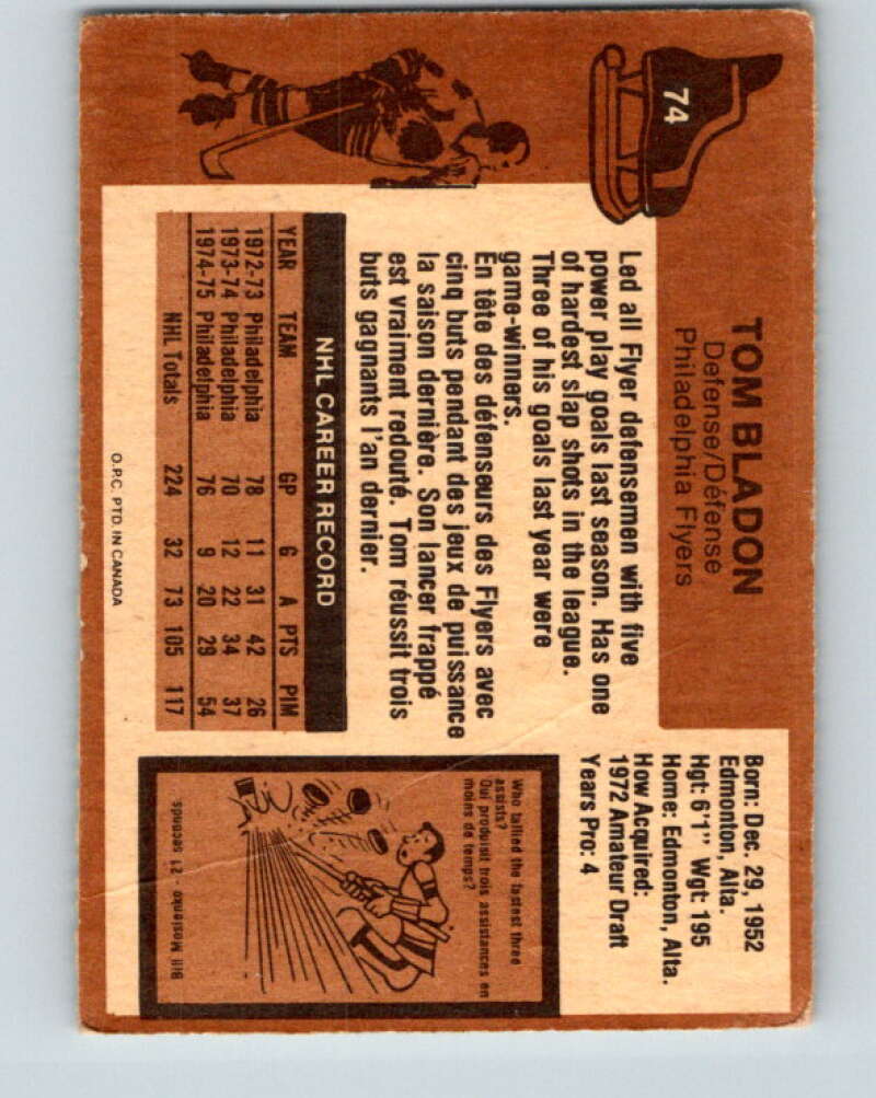 1975-76 O-Pee-Chee #74 Tom Bladon Philadelphia Flyers V5499