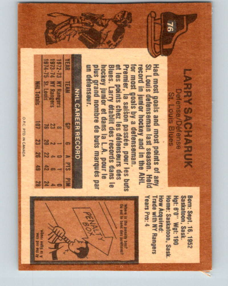 1975-76 O-Pee-Chee #76 Larry Sacharuk RC Rookie St. Louis Blues V5503