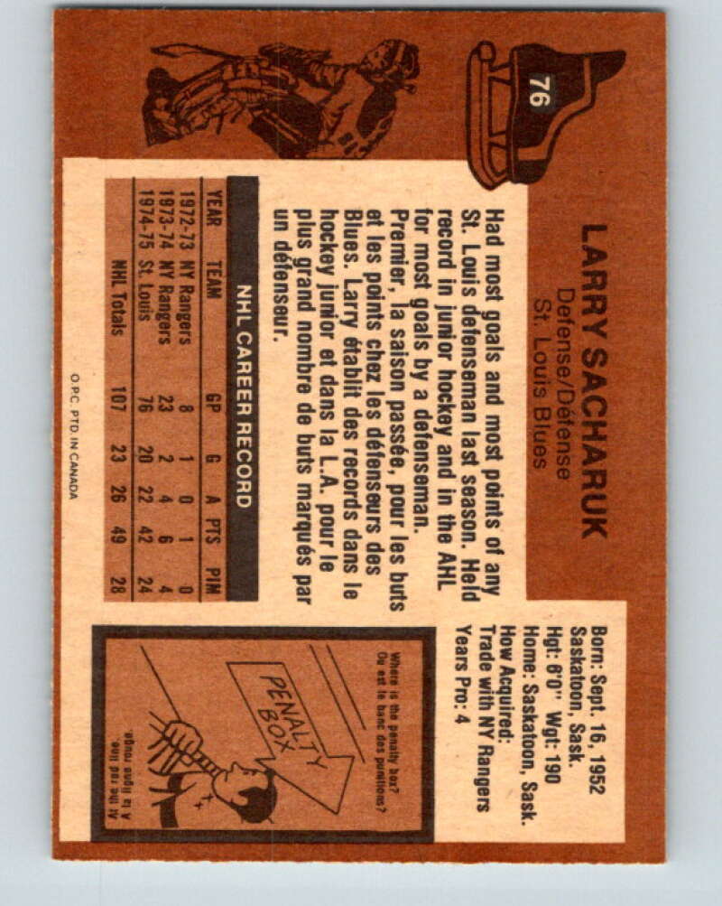 1975-76 O-Pee-Chee #76 Larry Sacharuk RC Rookie St. Louis Blues V5504