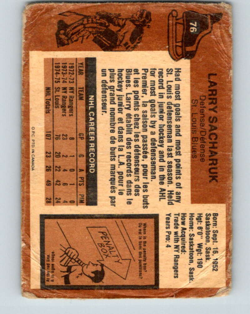 1975-76 O-Pee-Chee #76 Larry Sacharuk RC Rookie St. Louis Blues V5505