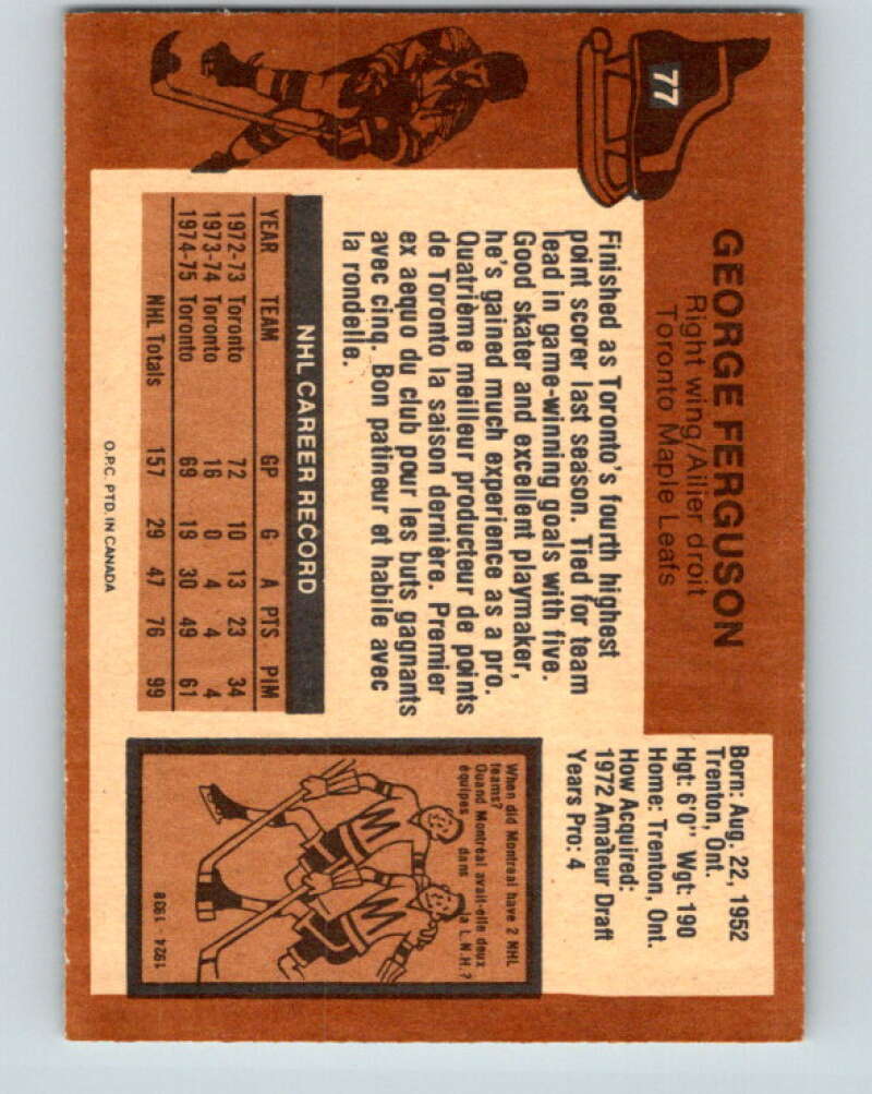 1975-76 O-Pee-Chee #77 George Ferguson Toronto Maple Leafs V5506