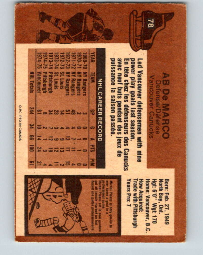 1975-76 O-Pee-Chee #78 Ab DeMarco Vancouver Canucks V5507