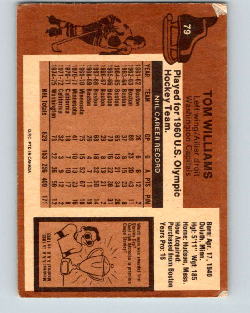 1975-76 O-Pee-Chee #79 Tom Williams Washington Capitals V5510