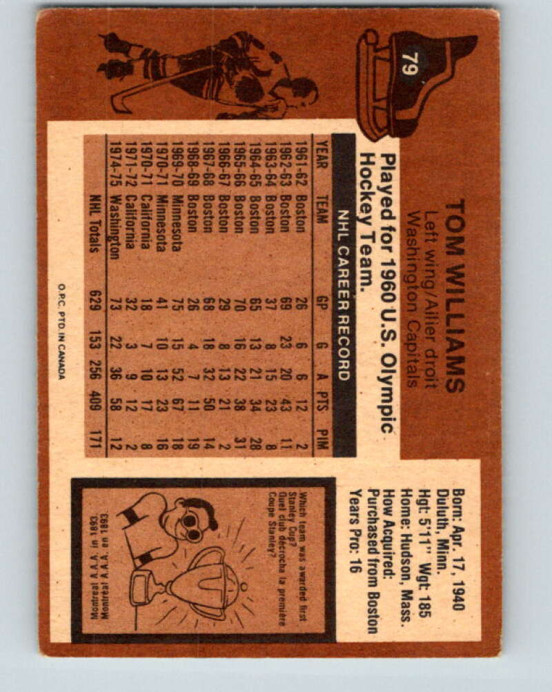 1975-76 O-Pee-Chee #79 Tom Williams Washington Capitals V5512