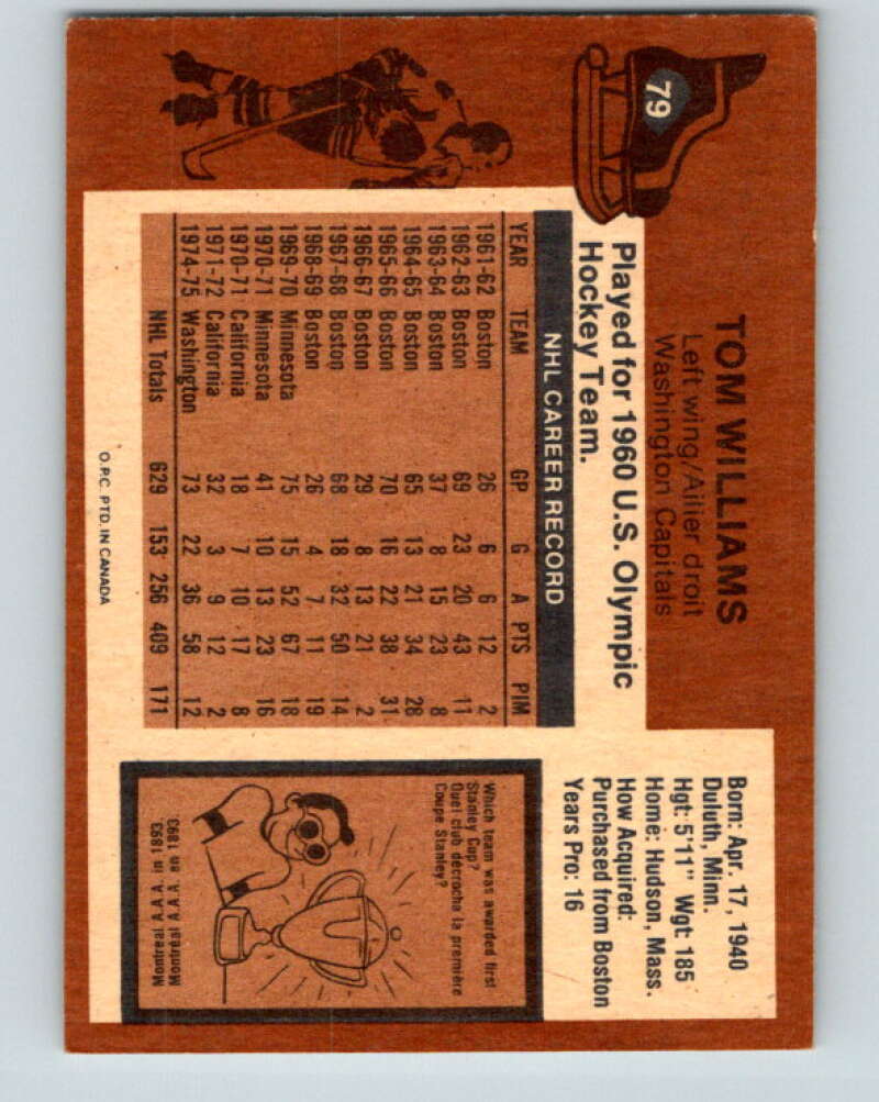 1975-76 O-Pee-Chee #79 Tom Williams Washington Capitals V5514