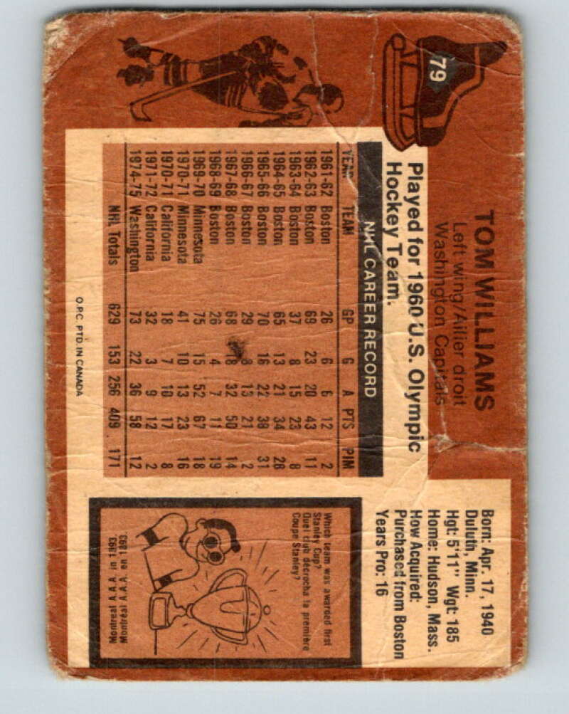 1975-76 O-Pee-Chee #79 Tom Williams Washington Capitals V5515
