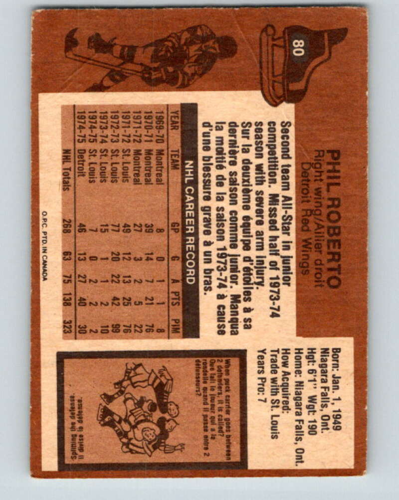 1975-76 O-Pee-Chee #80 Phil Roberto Detroit Red Wings V5516