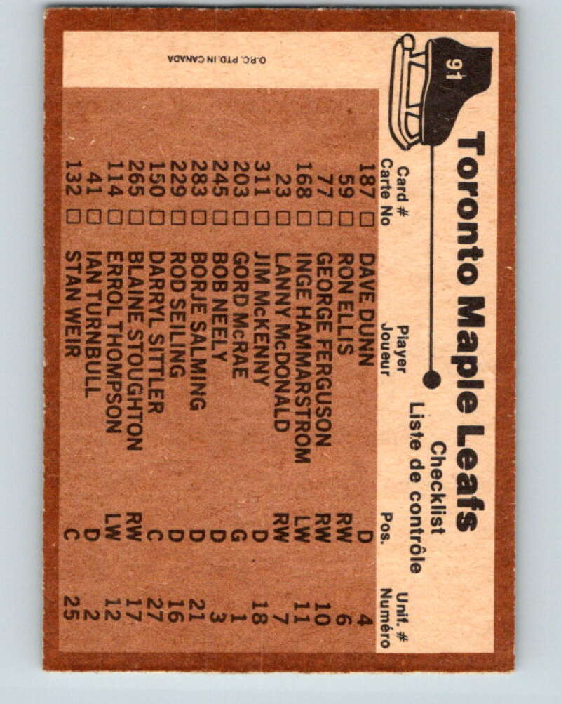 1975-76 O-Pee-Chee #91 Toronto Maple Leafs CL Toronto Maple Leafs V5569