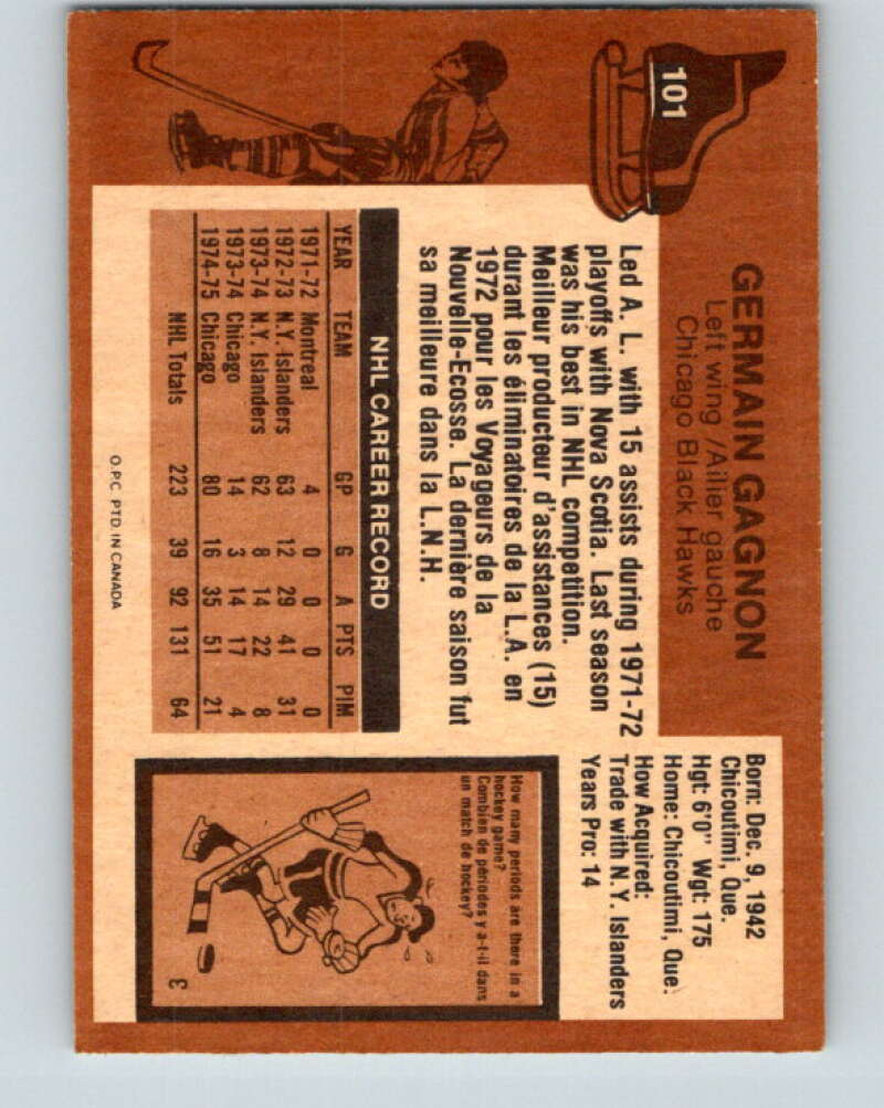 1975-76 O-Pee-Chee #101 Germain Gagnon UER Kansas City Scouts V5614