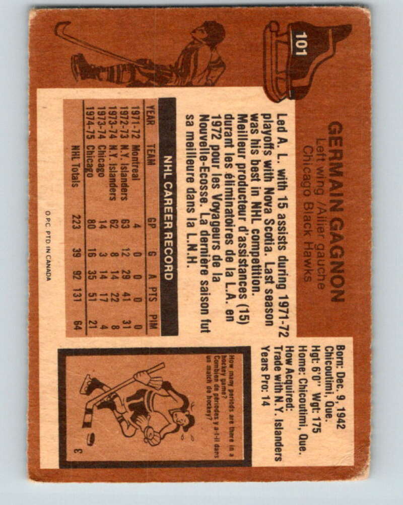1975-76 O-Pee-Chee #101 Germain Gagnon UER Kansas City Scouts V5615