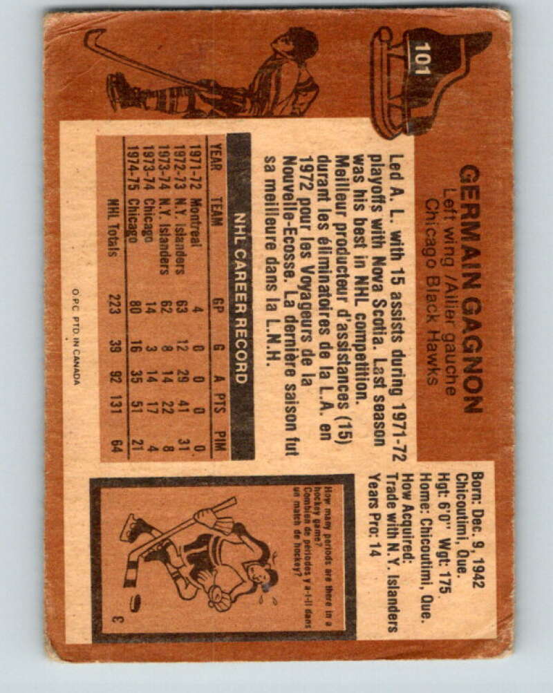 1975-76 O-Pee-Chee #101 Germain Gagnon UER Kansas City Scouts V5616