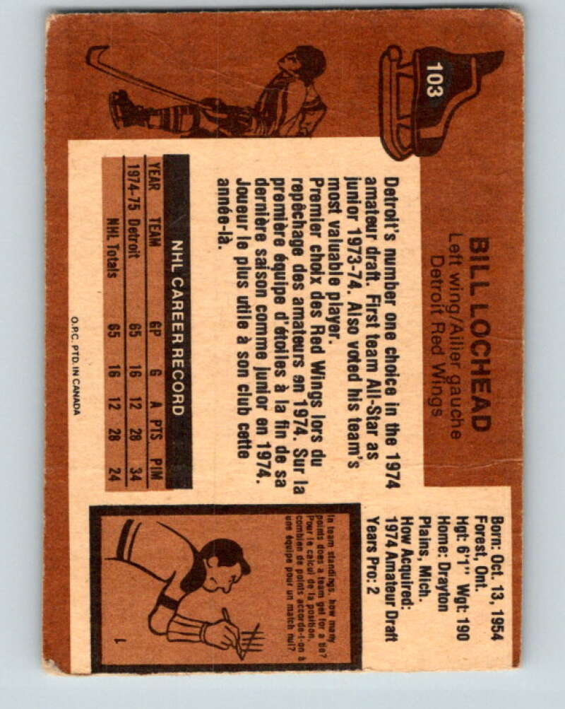 1975-76 O-Pee-Chee #103 Bill Lochead Detroit Red Wings V5623