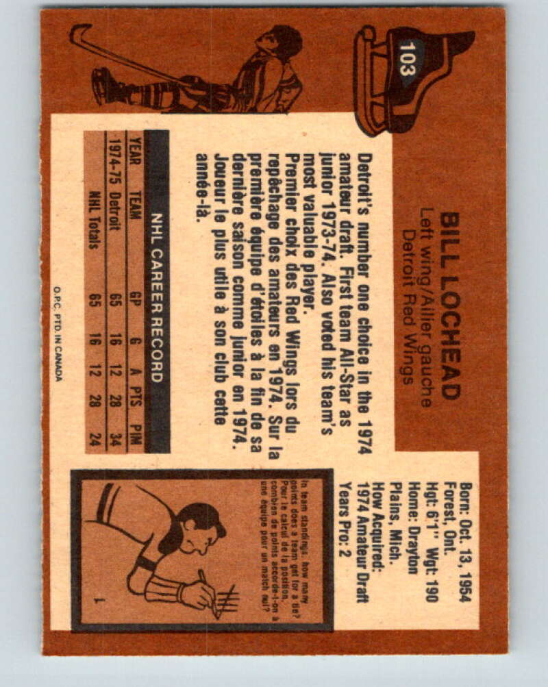 1975-76 O-Pee-Chee #103 Bill Lochead Detroit Red Wings V5624