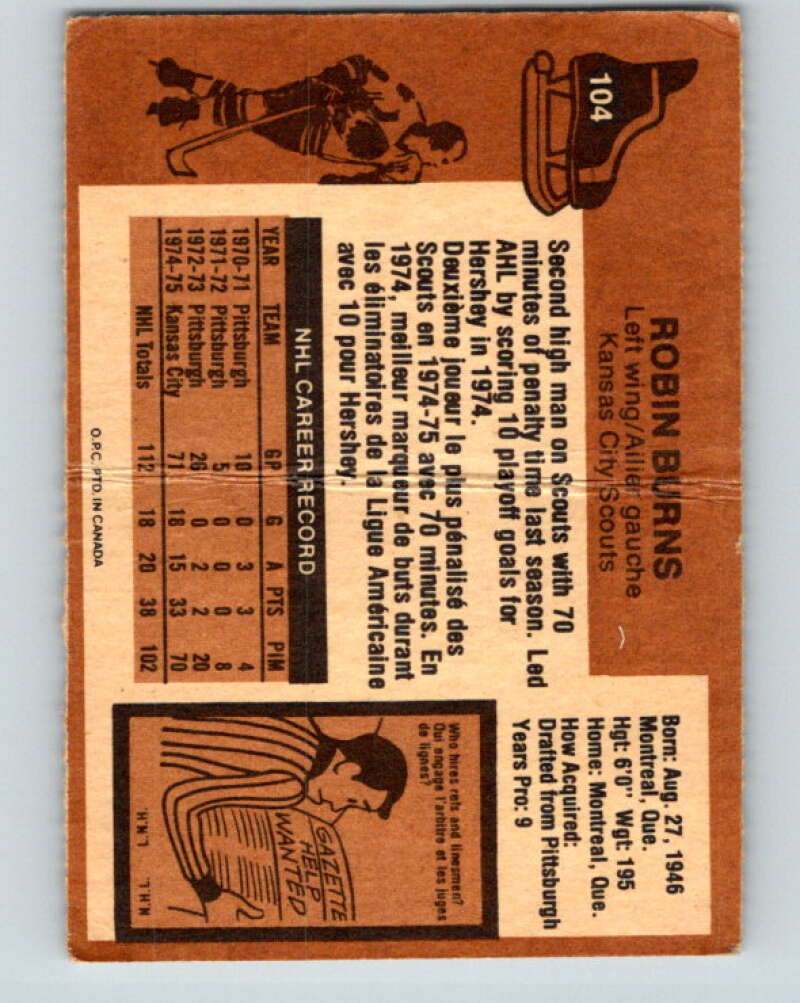 1975-76 O-Pee-Chee #104 Robin Burns RC Rookie Kansas City Scouts V5626