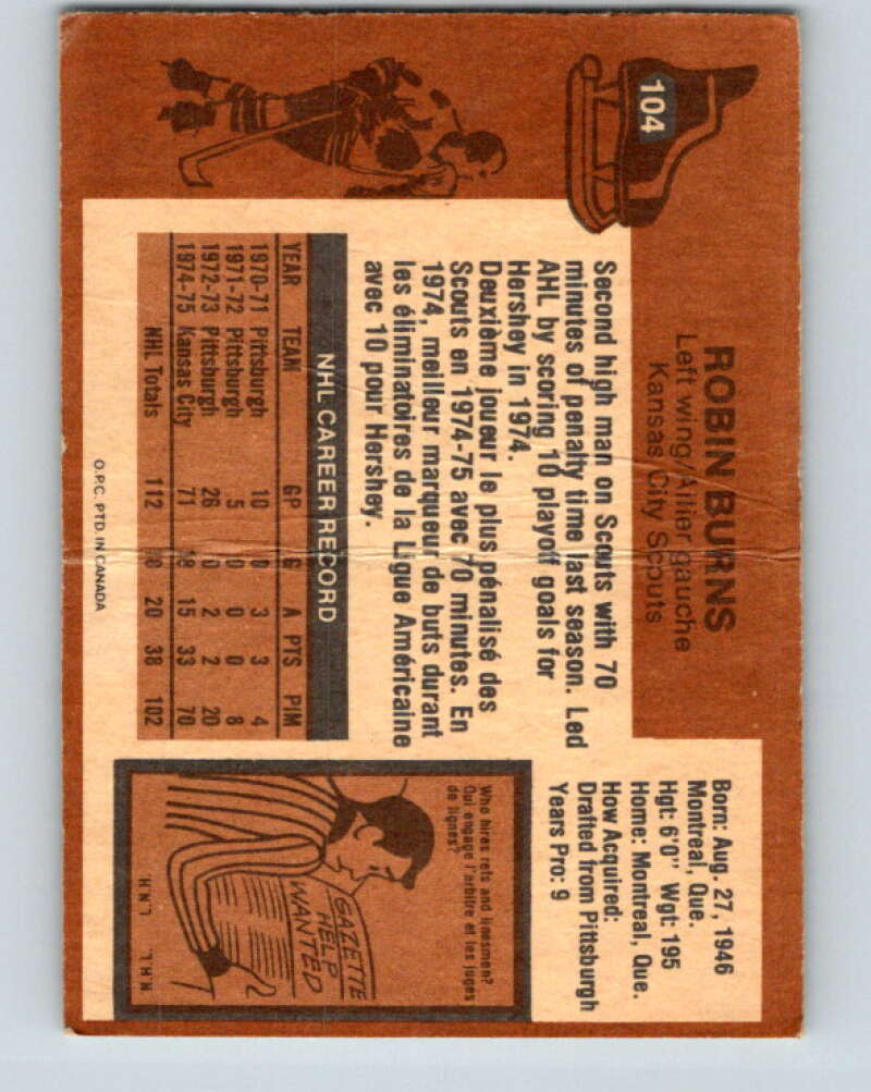 1975-76 O-Pee-Chee #104 Robin Burns RC Rookie Kansas City Scouts V5627