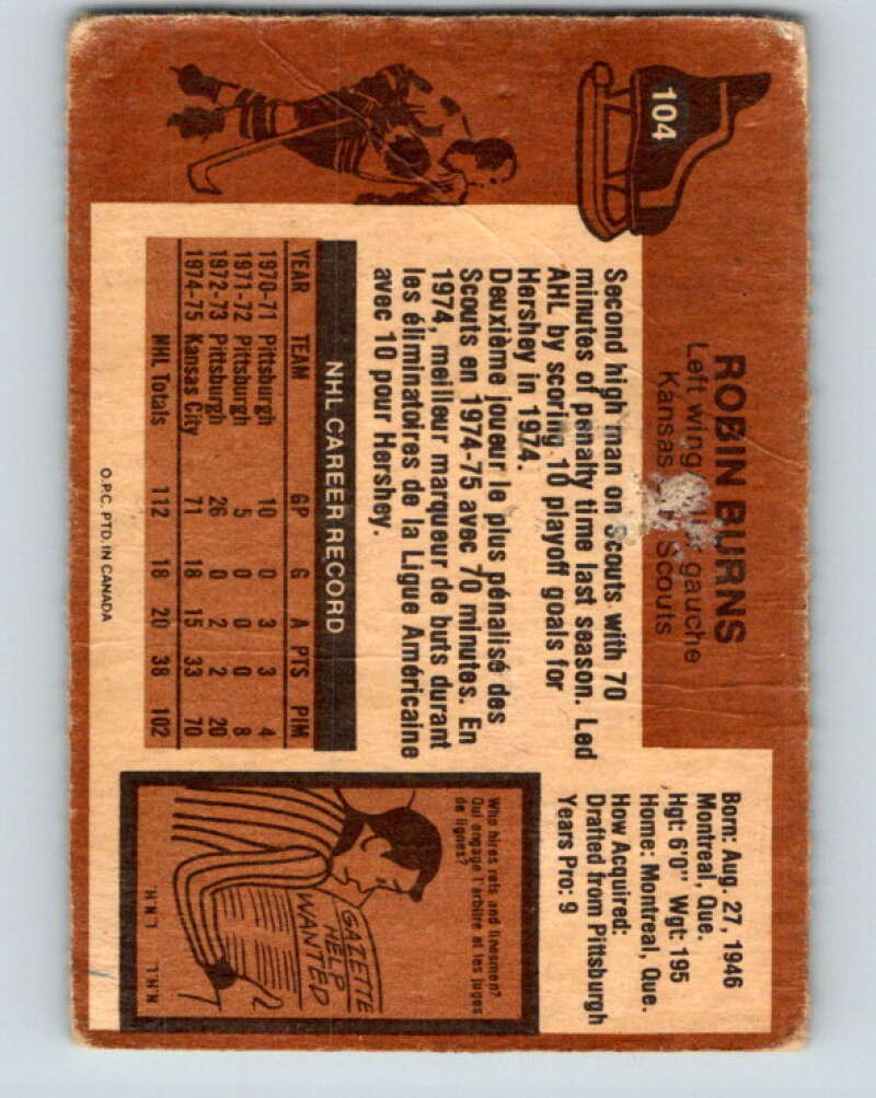 1975-76 O-Pee-Chee #104 Robin Burns RC Rookie Kansas City Scouts V5628