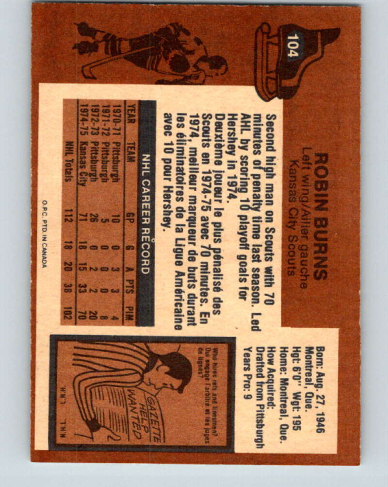 1975-76 O-Pee-Chee #104 Robin Burns RC Rookie Kansas City Scouts V5629