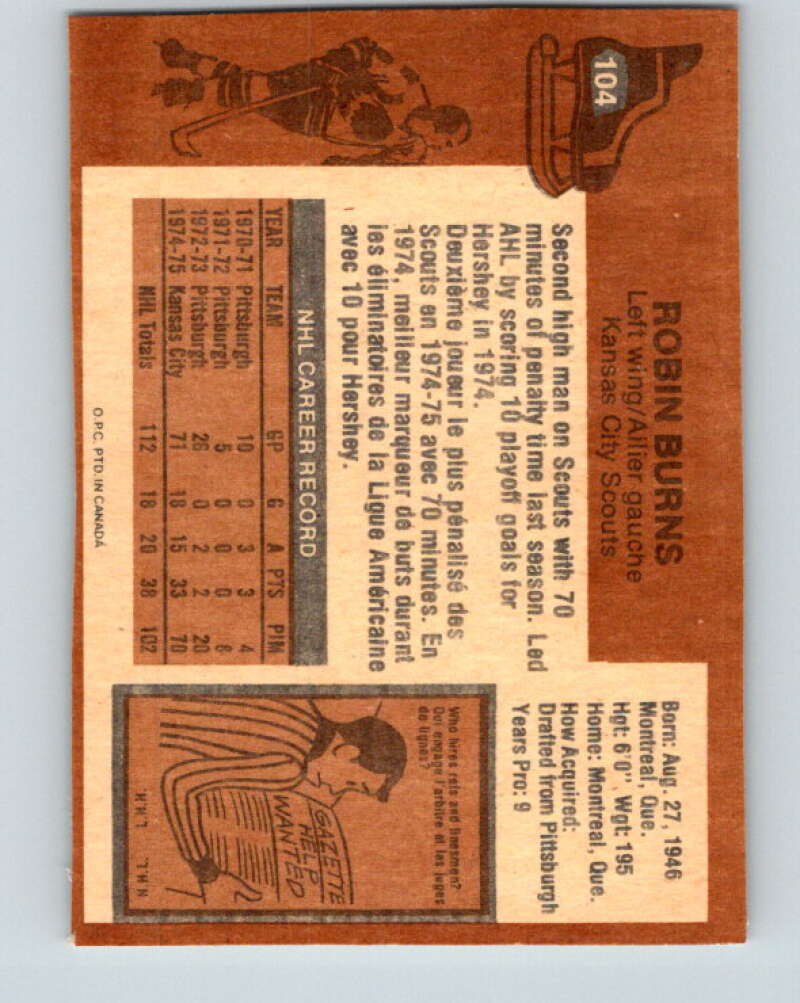 1975-76 O-Pee-Chee #104 Robin Burns RC Rookie Kansas City Scouts V5630