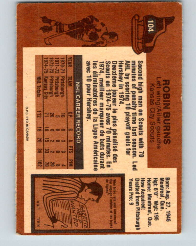 1975-76 O-Pee-Chee #104 Robin Burns RC Rookie Kansas City Scouts V5631