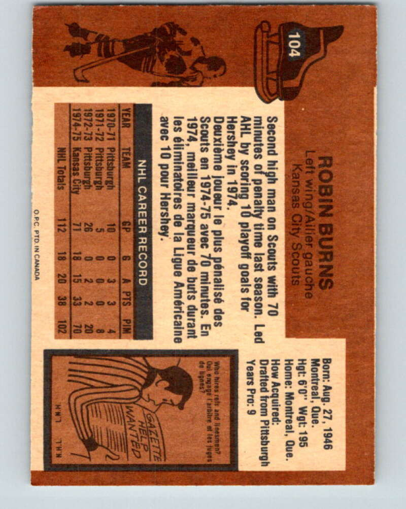 1975-76 O-Pee-Chee #104 Robin Burns RC Rookie Kansas City Scouts V5632