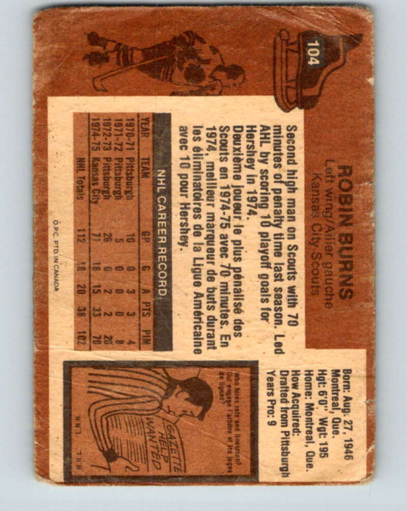 1975-76 O-Pee-Chee #104 Robin Burns RC Rookie Kansas City Scouts V5633