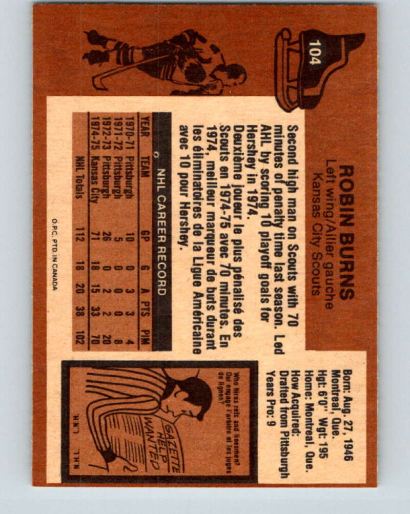 1975-76 O-Pee-Chee #104 Robin Burns RC Rookie Kansas City Scouts V5634