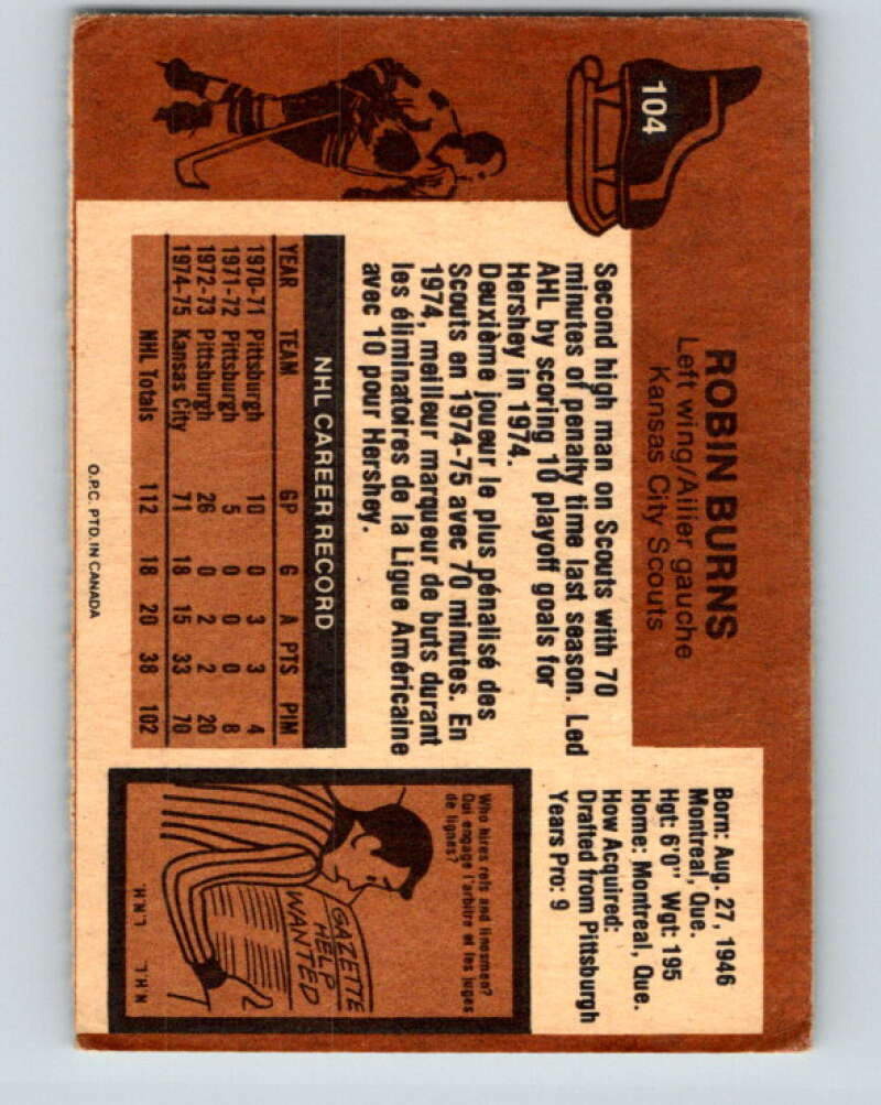 1975-76 O-Pee-Chee #104 Robin Burns RC Rookie Kansas City Scouts V5635