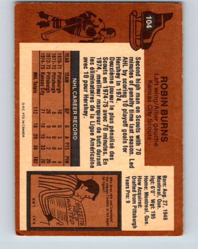 1975-76 O-Pee-Chee #104 Robin Burns RC Rookie Kansas City Scouts V5636