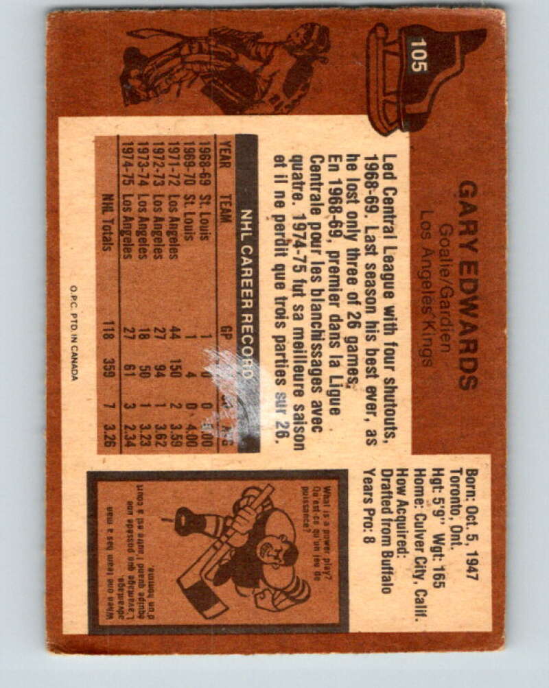 1975-76 O-Pee-Chee #105 Gary Edwards Los Angeles Kings V5637