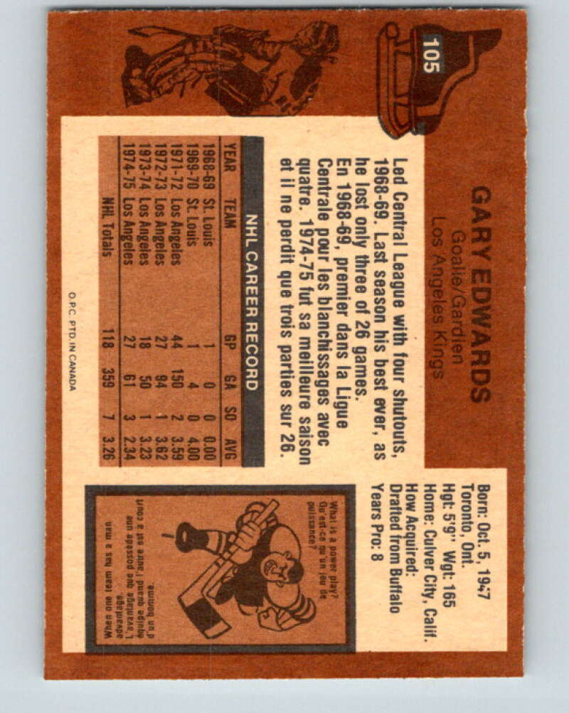 1975-76 O-Pee-Chee #105 Gary Edwards Los Angeles Kings V5638