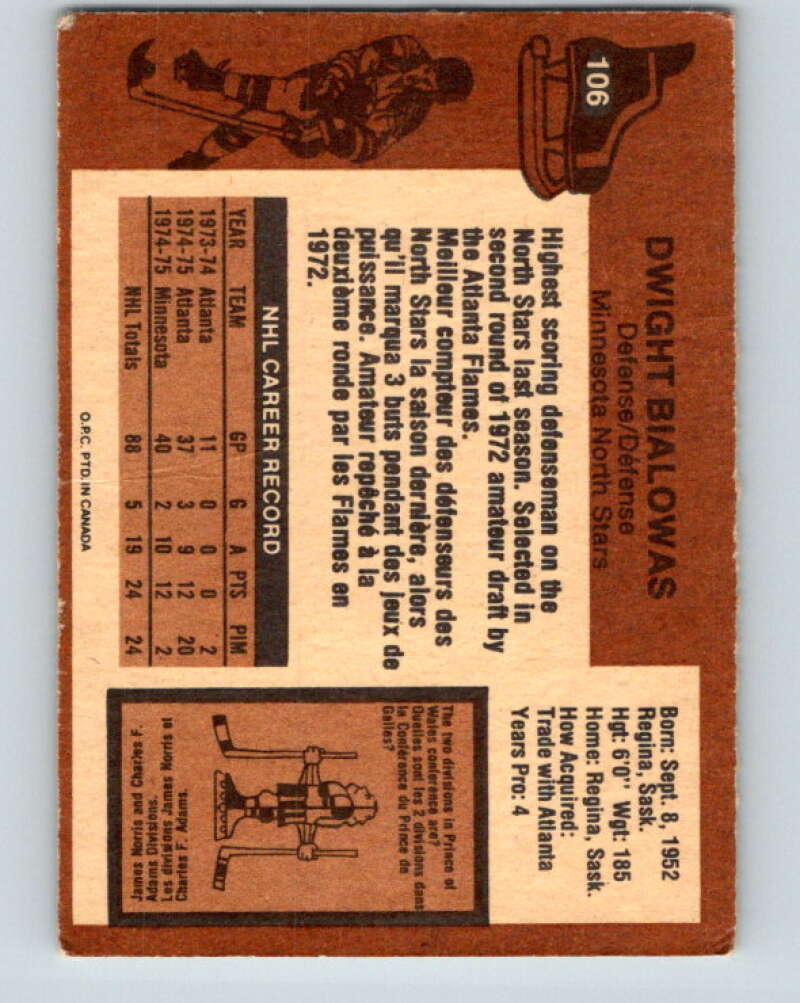 1975-76 O-Pee-Chee #106 Dwight Bialowas Minnesota North Stars V5639