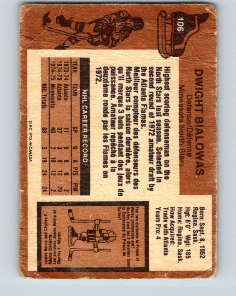 1975-76 O-Pee-Chee #106 Dwight Bialowas Minnesota North Stars V5640