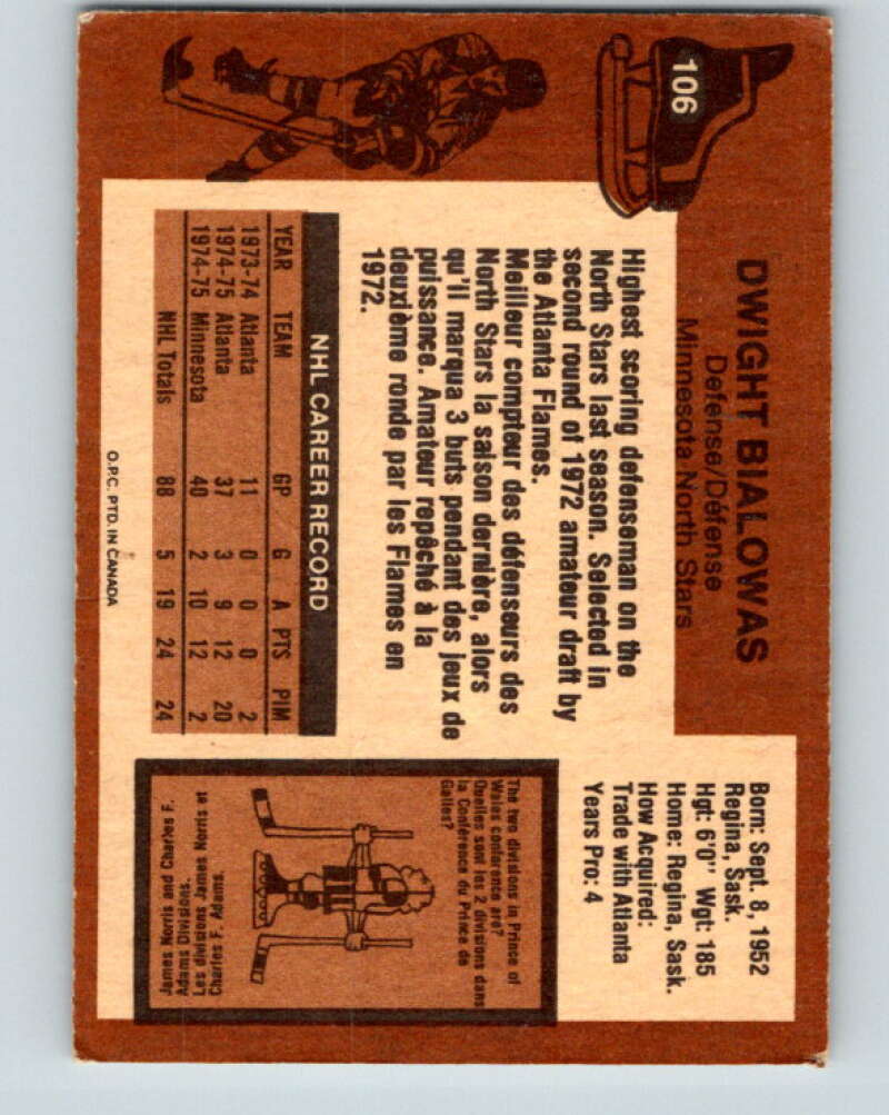 1975-76 O-Pee-Chee #106 Dwight Bialowas Minnesota North Stars V5641