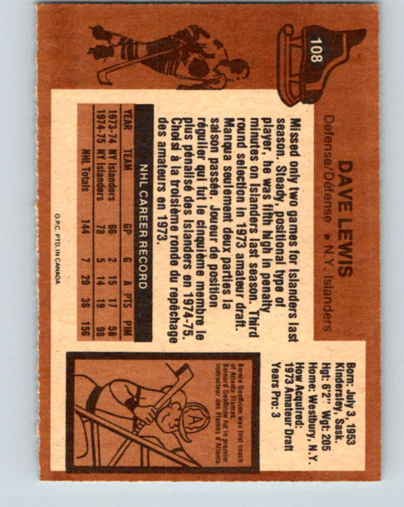 1975-76 O-Pee-Chee #108 Dave Lewis New York Islanders V5644