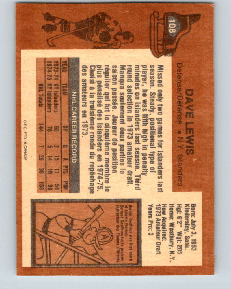 1975-76 O-Pee-Chee #108 Dave Lewis New York Islanders V5645