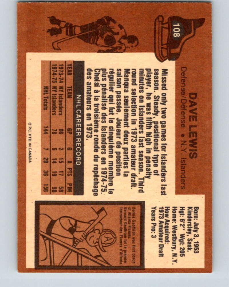 1975-76 O-Pee-Chee #108 Dave Lewis New York Islanders V5647