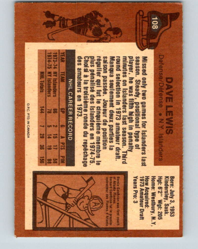 1975-76 O-Pee-Chee #108 Dave Lewis New York Islanders V5648