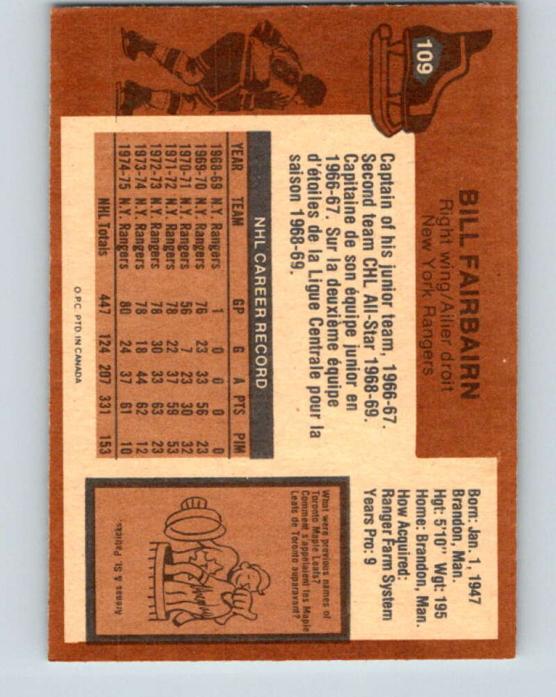 1975-76 O-Pee-Chee #109 Bill Fairbairn New York Rangers V5649