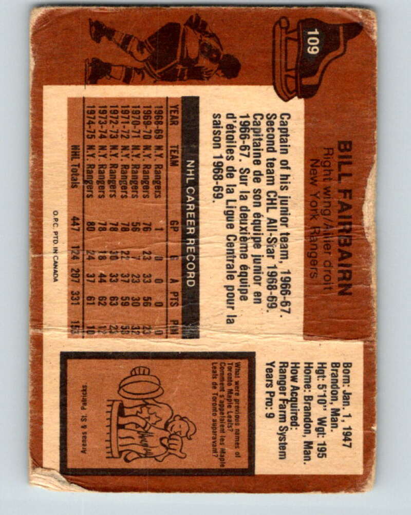 1975-76 O-Pee-Chee #109 Bill Fairbairn New York Rangers V5650