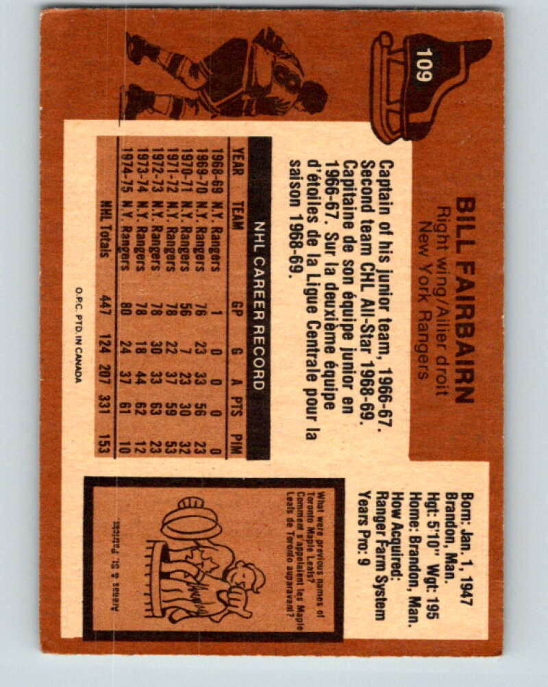 1975-76 O-Pee-Chee #109 Bill Fairbairn New York Rangers V5653