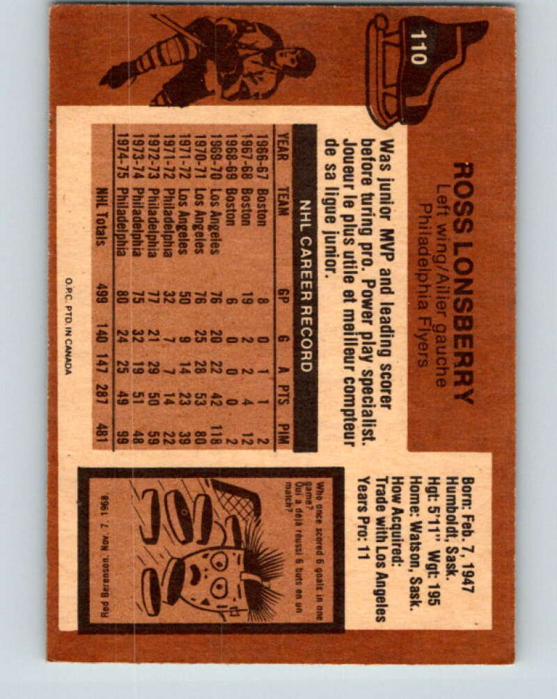 1975-76 O-Pee-Chee #110 Ross Lonsberry Philadelphia Flyers V5655