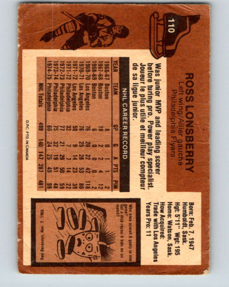 1975-76 O-Pee-Chee #110 Ross Lonsberry Philadelphia Flyers V5656