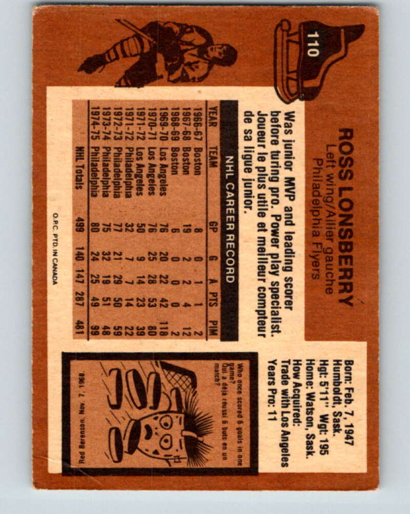 1975-76 O-Pee-Chee #110 Ross Lonsberry Philadelphia Flyers V5657