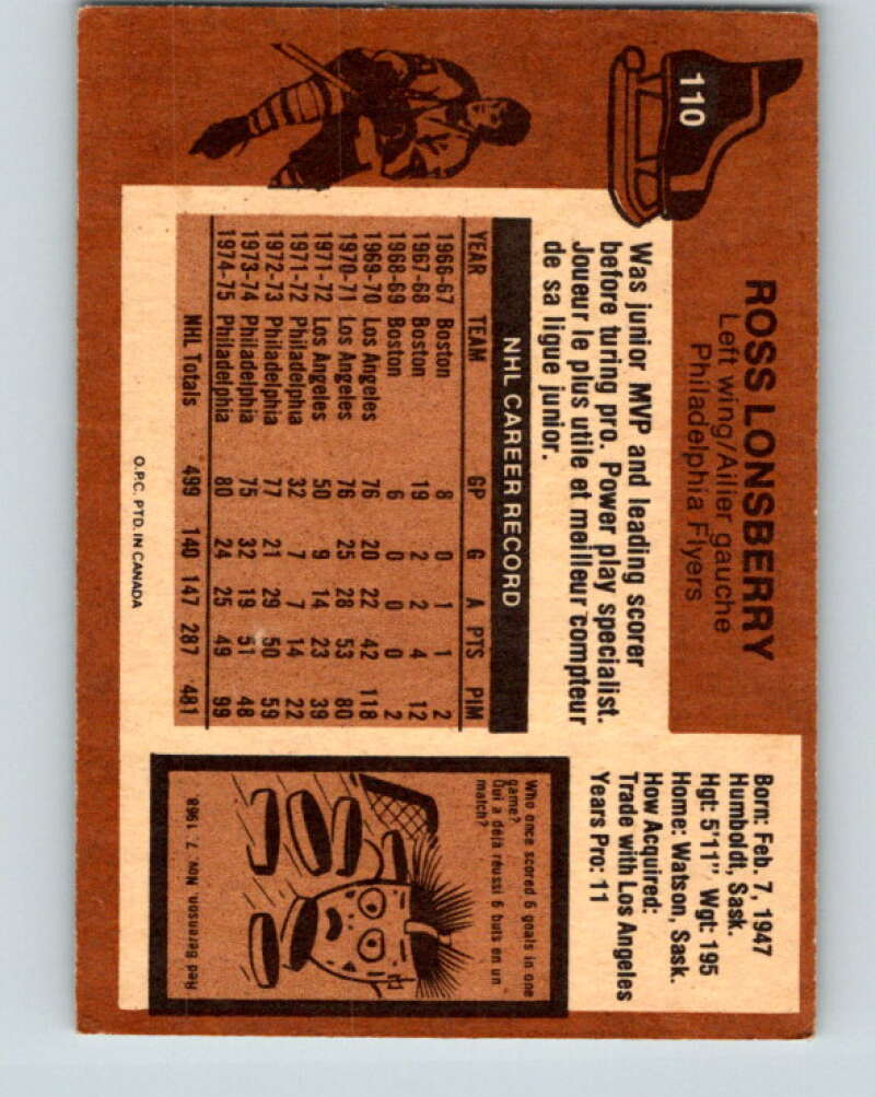 1975-76 O-Pee-Chee #110 Ross Lonsberry Philadelphia Flyers V5658