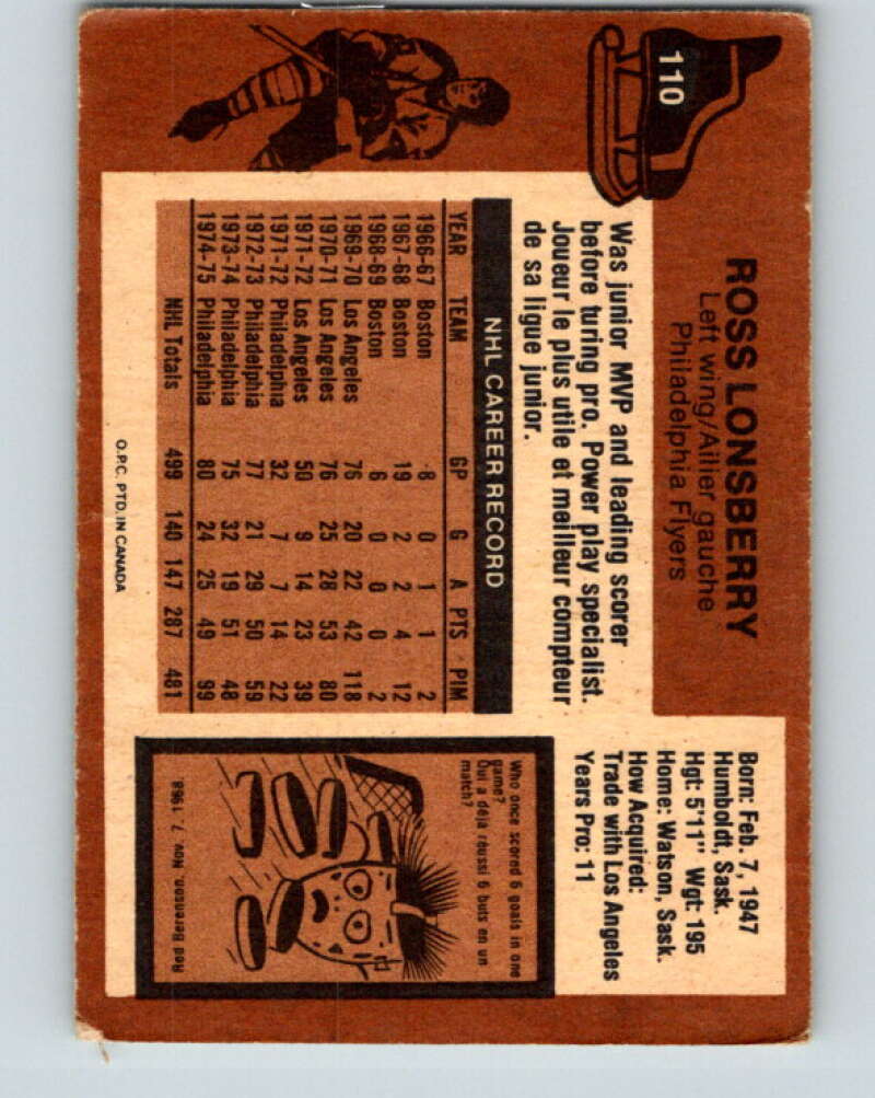 1975-76 O-Pee-Chee #110 Ross Lonsberry Philadelphia Flyers V5659