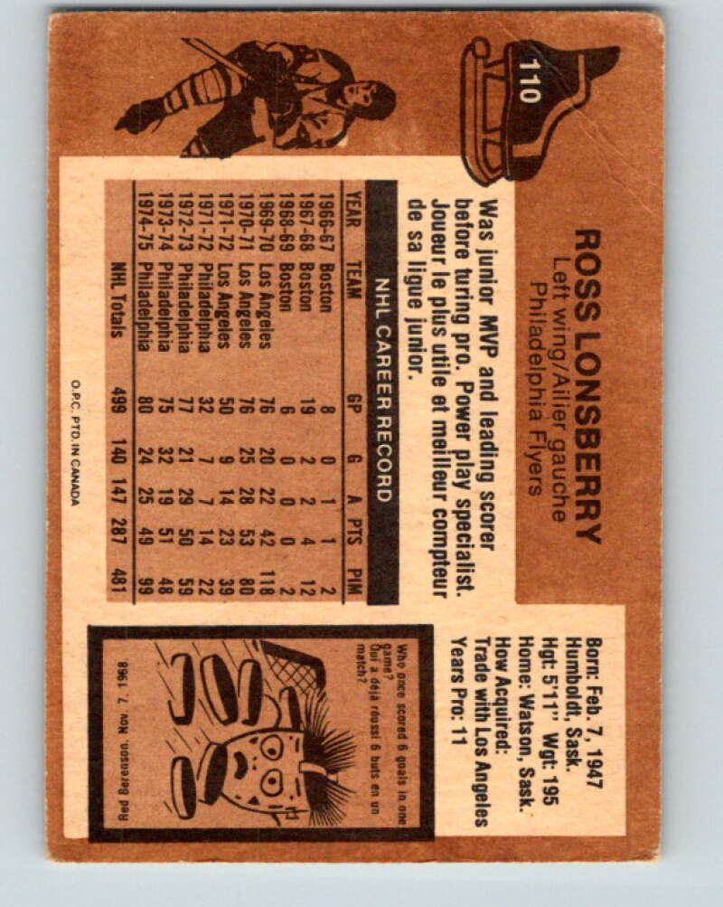 1975-76 O-Pee-Chee #110 Ross Lonsberry Philadelphia Flyers V5660